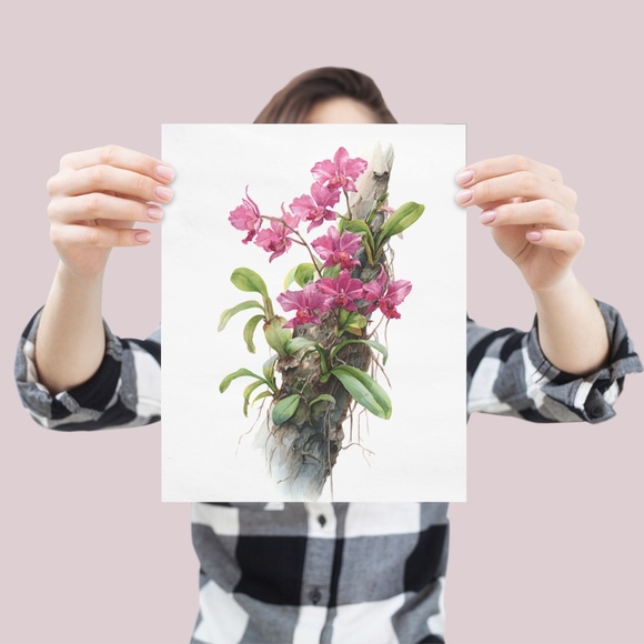 Watercolor Pink Orchids Wall Art Print Unframed - Elegant Floral Serenity - Picture 4 of 6